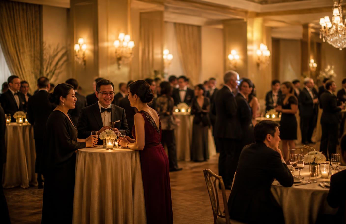 Guests mingling at an evening reception in a hotel ballroom