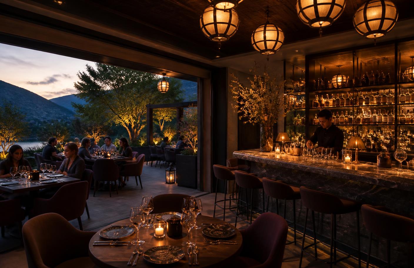 Guests at a warmly lit boutique hotel bar and terrace at dusk