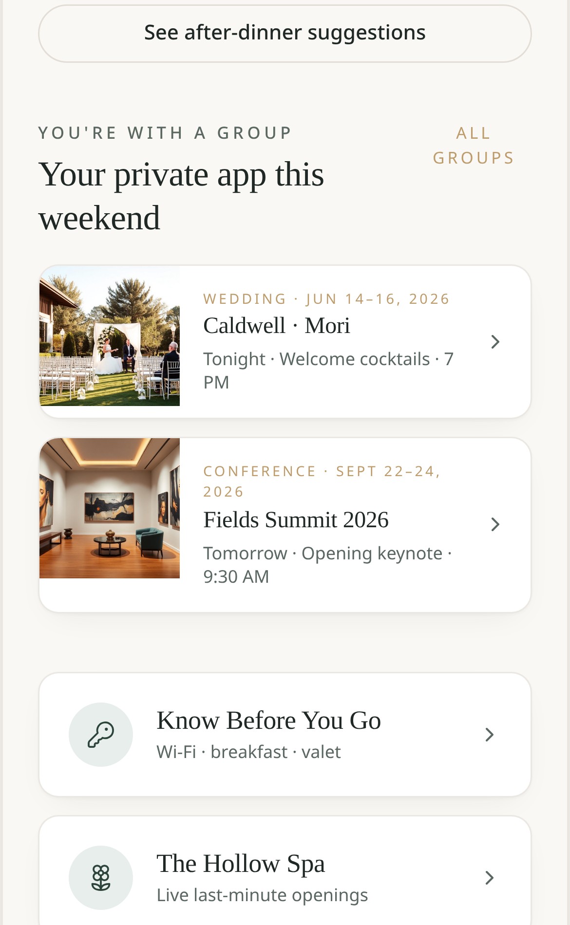 ConnectSuites guest app group view listing a wedding and a conference with schedules
