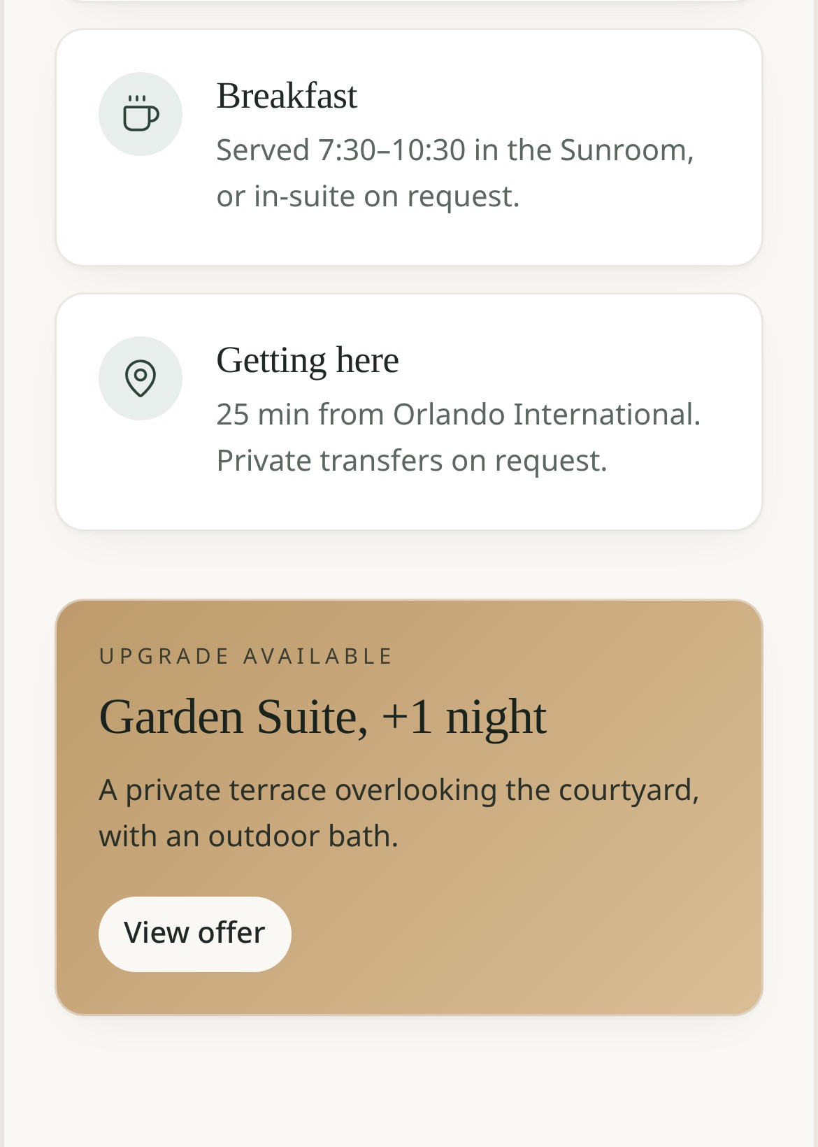 ConnectSuites guest app Know Before You Go screen with valet, breakfast, travel time and an upgrade offer